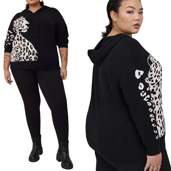 Torrid Knit Leopard Graphic Hooded Sweater Intarsia Knit Black White Womens 1X - Picture 1 of 8